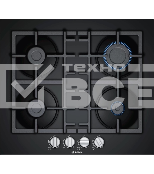 Варочная поверхность газовая Bosch PNP6B6B90, 4.5х59x52 см, закаленное стекло, 4 конфорки, газ-контроль, автоподжиг, черный
