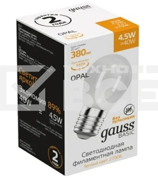 Лампа светодиодная Gauss Basic 1055215 4.5Вт цок.:E27 шар 220B 2700K св.свеч.бел.теп. (упак.:10шт)