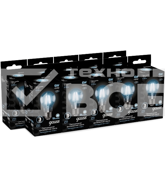 Лампа светодиодная Gauss 102802206LED Filament А60 Е27 6Вт 4100к 1/10/40