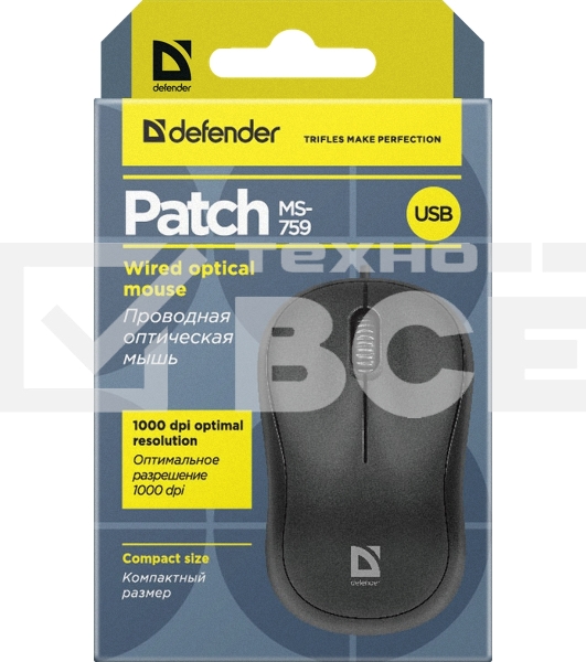 Мышь проводная Defender Patch MS-759 черный, 1000 dpi, USB, кнопки - 3