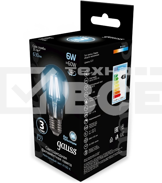 Лампа светодиодная Gauss 102802206LED Filament А60 Е27 6Вт 4100к 1/10/40