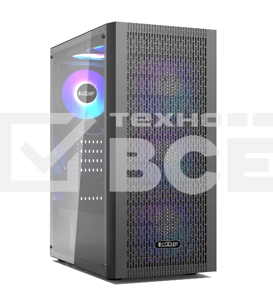 Корпус без блока питания PCCOOLER MA100 MESH BK, Mesh Mid Tower, черный, TG, 0.4 SPCC, 3x120мм ARGb ATX, mATX, mITX 160/310/180мм 2x2.5', 2x3.5', 7xPCI 1xUSB-A 3.0, 2xUSB-A 2.0 360x200x446mm