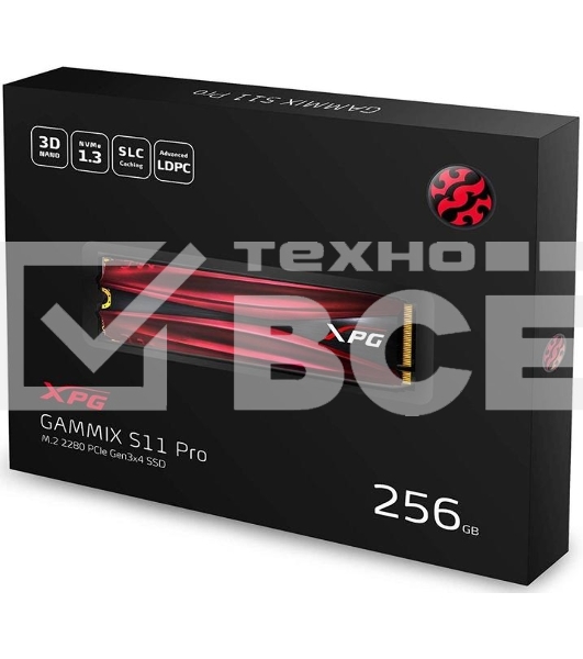 Накопитель SSD ADATA XPG GAMMIX S11 Pro, 256Gb, PCIe 3.0 x4, M.2 2280, NVMe, R/W 3500/1200, с радиатором