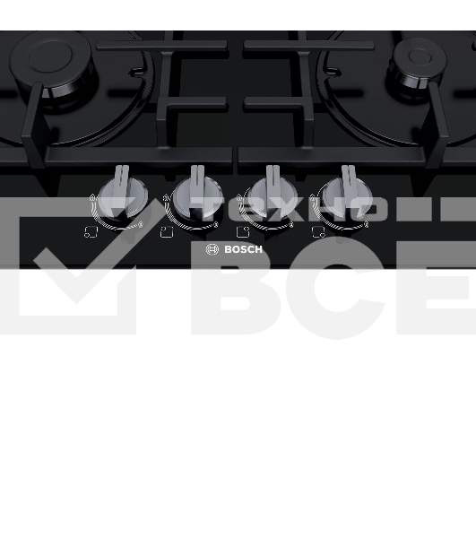 Варочная поверхность газовая Bosch PNP6B6B90, 4.5х59x52 см, закаленное стекло, 4 конфорки, газ-контроль, автоподжиг, черный
