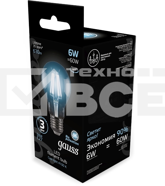 Лампа светодиодная Gauss 102802206LED Filament А60 Е27 6Вт 4100к 1/10/40