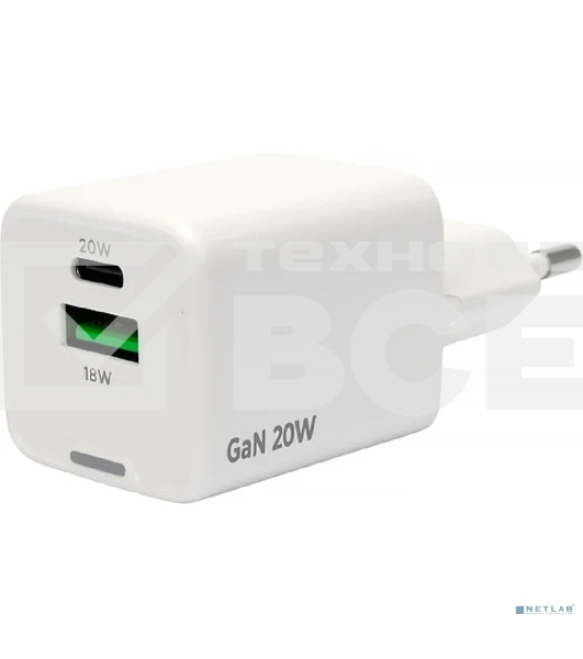 Зарядное устройство Cablexpert MP3A-PC-61, 20Вт GaN, 3А, QC4.0/PD, 1xUSB, 1xType-C, белый, пакет