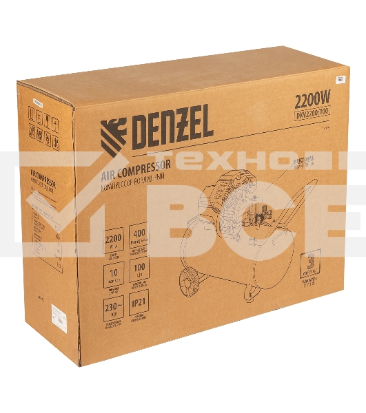 Компрессор Denzel воздушный DKV2200/100,Х-PRO 2.2 кВт, 400 л/мин, 100л 58079