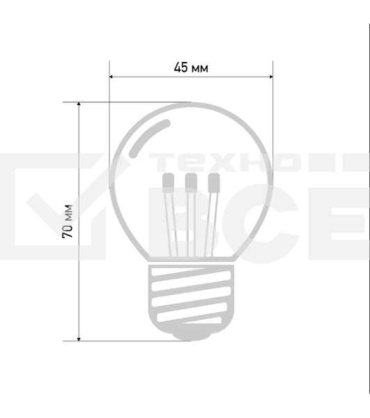 Лампа шар e27 6 LED Ø45мм - ТЕПЛЫЙ БЕЛЫЙ, прозрачная колба, эффект лампы накаливания