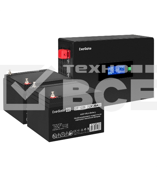 Комплект Источник бесперебойного питания EX295994RUS + батарея 26Aч EX282970RUS 2шт (инвертор, синус, для котла, PF=1, настенный) ExeGate IdealSine SR-1500.LCD.2SH  1500VA/1500W, чистая синусоида, цветной LCD-дисплей, 2*Schuko, крепление настенное, черный + батарея ExeGate DT 1226 (12В, 26А·ч) 2шт