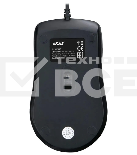 Мышь проводная Acer OMW136 черный, 1200 dpi, USB, кнопки - 3