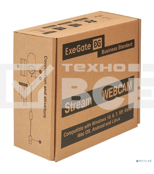 Веб-камера ExeGate Stream C925 Full HD (2Мп, 1920х1080, 1080P, 30fps, поддержка H.264, фиксированный фокус, 4-линзовый объектив, микрофон с шумоподавлением, универсальное крепление, USB, кабель 1,5 м, Windows 7/8/10/11, Mac OS 10.6 и выше, Chrome OS, Andr