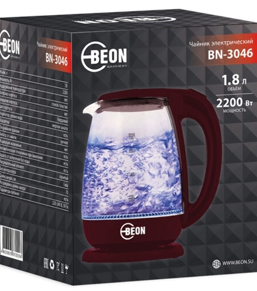 Электрочайник BEON BN-3046 бордовый, 1.8 л, 2200 Вт, скрытый нагревательный элемент