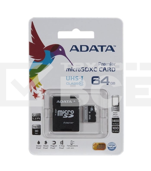 Флеш карта microSDXC 64GB ADATAUHS-1 CL10 (AUSDX64GUICL10-RA1) + SD adaptor