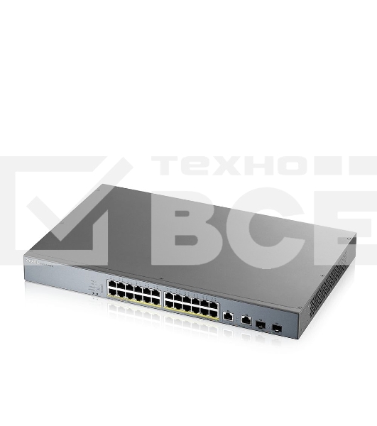 Коммутатор Zyxel GS1350-26HP, 24xGE PoE+, 2xCombo (SFP/RJ-45), бюджет PoE 375 Вт, дальность передачи питания до 250 м, автоперезагрузка PoE-портов, повышенная защита от перенапряжений и электростатических разряд