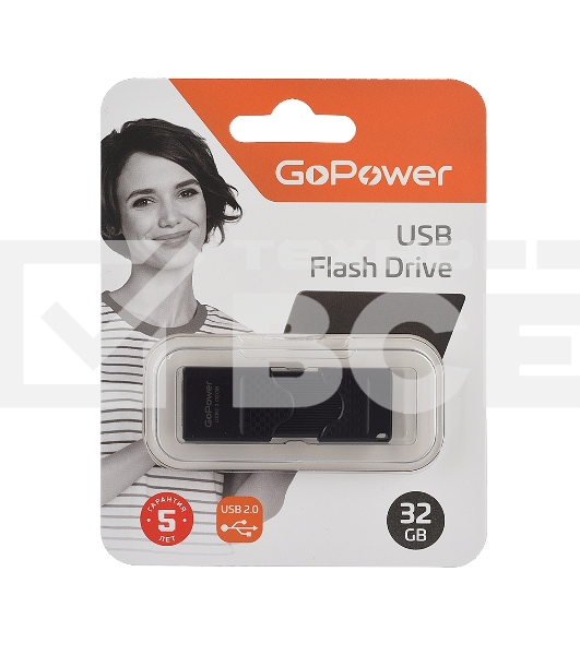 Флеш диск GoPower SLIDER 32GB USB2.0 пластик черный матовый (1/50/1000)