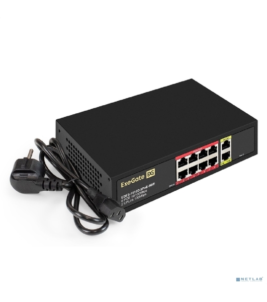 Коммутатор неуправляемый ExeGate EDES-1010D.8PoE-96W (10-портовый UTP 10/100 Base-Tx: 8 портов IEEE 802.3af (PoE), мощность PoE: 25W, суммарно 96W, 2 порта RJ45 uplink, настенный/настольный, металлический корпус)