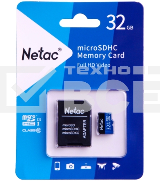 Флеш карта microSDHC 32GB Netac P500 <NT02P500STN-032G-R> (с SD адаптером) 80MB/s