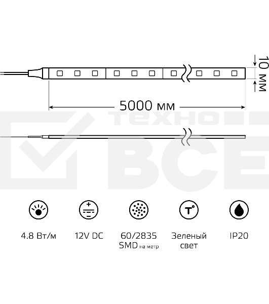 Лента LED Elementary 2835 -SMD 4.8W 12V DC зеленый IP20 (ZIP Bag 5м)