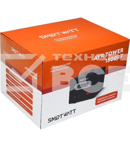 Напольный стабилизатор напряжения SMARTWATT AVR TOWER 1500RF (140W - 260W, 1500VA, 1.5 кВт, 50-60 Гц, розеток - 2, LED-д