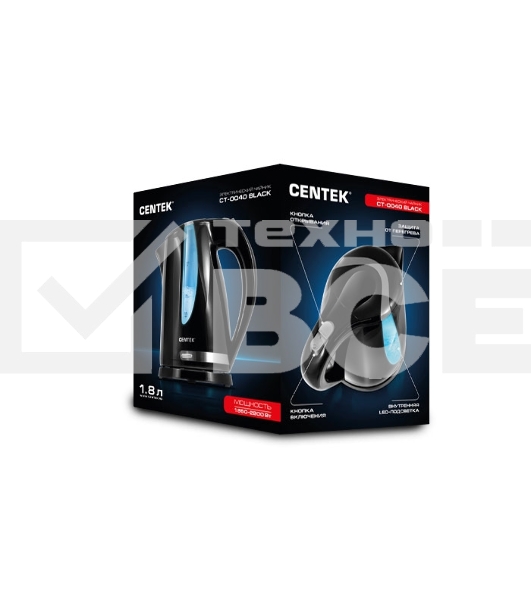Чайник Centek CT-0040 Black 1.8л, 2200Вт, открывание кнопкой, внутренняя подсветка     