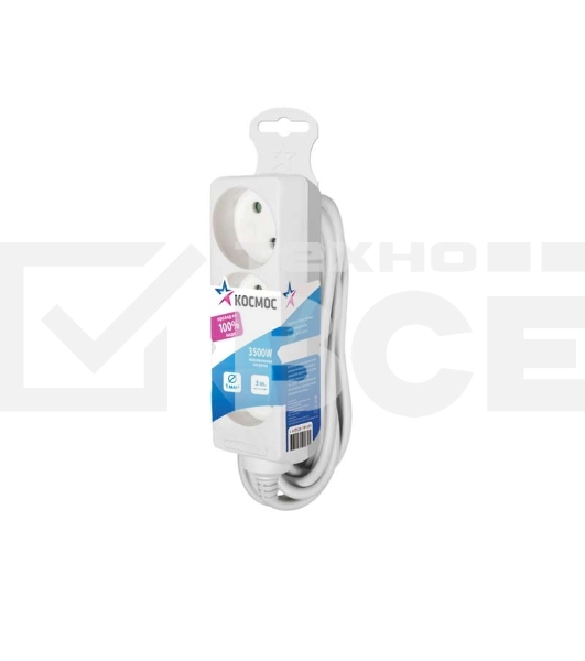 Удлинитель 3х3м без заземл. 16А IP20 ПВС 2х1 Космос YKsm3m-3g(K)
