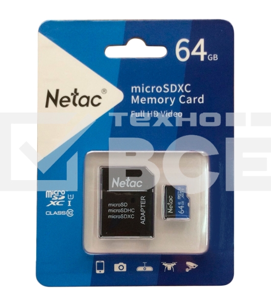Флеш карта microSDHC 64GB Netac P500 <NT02P500STN-064G-R> (с SD адаптером) 80MB/s