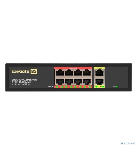 Коммутатор неуправляемый ExeGate EDES-1010D.8PoE-96W (10-портовый UTP 10/100 Base-Tx: 8 портов IEEE 802.3af (PoE), мощность PoE: 25W, суммарно 96W, 2 порта RJ45 uplink, настенный/настольный, металлический корпус)