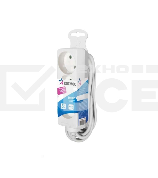 Удлинитель 3х1.5м без заземл. 16А IP20 ПВС 2х1 Космос YKsm1.5m-3g(K)