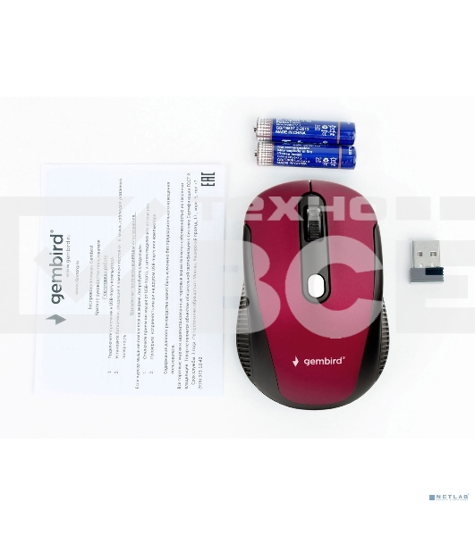 Мышь беспроводная Gembird MUSW-420-1 красный, 1600 dpi, радиоканал, USB, кнопки - 4