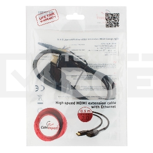 Кабель-удлинитель HDMI Cablexpert CC-HDMI4X-0.5M, 19M/19F, v2.0, позол.разъемы, экран, 0.5м, черный, пакет