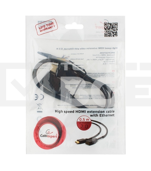 Кабель-удлинитель HDMI Cablexpert CC-HDMI4X-0.5M, 19M/19F, v2.0, позол.разъемы, экран, 0.5м, черный, пакет