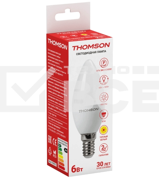 Лампа светодиодная Hiper THOMSON LED CANDLE 6W 480Lm E14 3000K TH-B2013