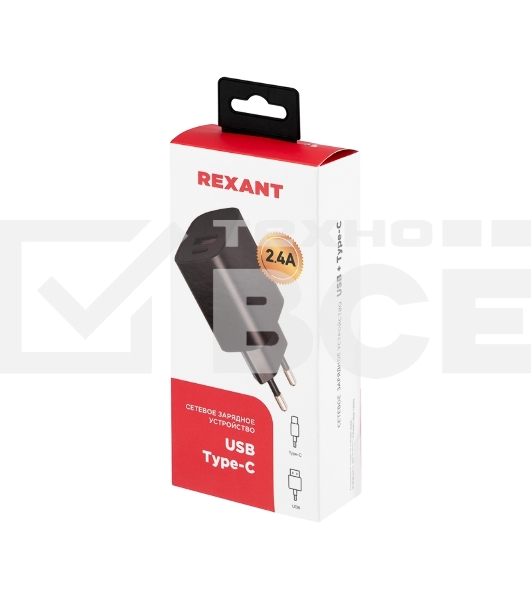 Сетевое зарядное устройство Rexant USB + Type-C, 5V, 2.4 A, черный