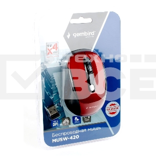 Мышь беспроводная Gembird MUSW-420-1 красный, 1600 dpi, радиоканал, USB, кнопки - 4