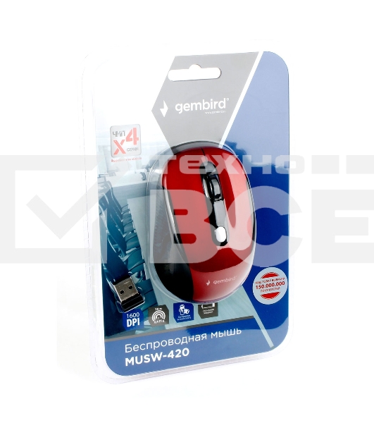 Мышь беспроводная Gembird MUSW-420-1 красный, 1600 dpi, радиоканал, USB, кнопки - 4