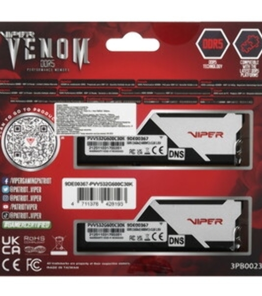 Оперативная память Patriot Viper Venom, DDR5, 32Gb (2x16Gb), 6000MHz, CL30, DIMM, с радиаторами, RGb, черный