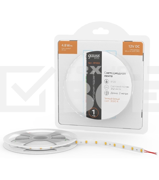 Лента светодиодная Basic Gauss 12V 4,8W/m 312lm/m 3000K IP20 LED 2m 1/120