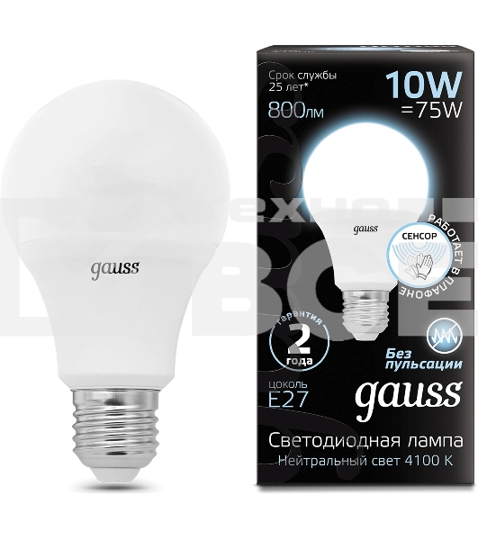 Лампа светодиодная Gauss 102502210-M 10Вт цок.:E27 груша 220B св.свеч.бел.нейт. A60 (упак.:10шт)