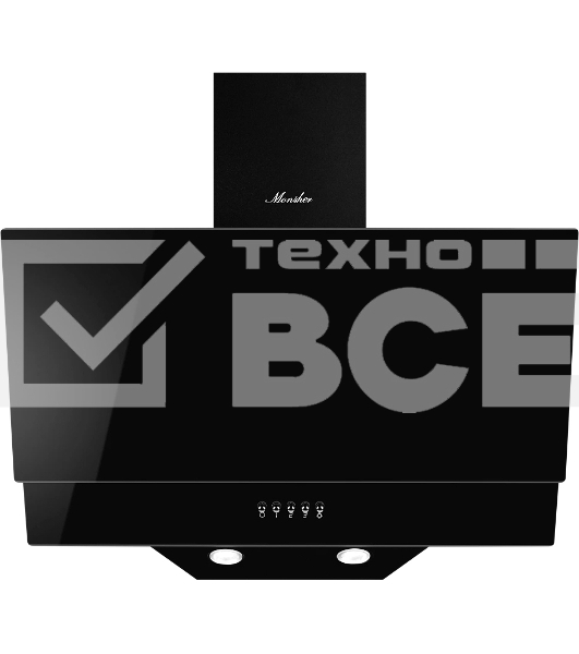 Наклонная вытяжка MONSHER ROUEN 60 Noir Verre, ширина 60 см, отвод/рециркуляция, 700 м3/час, механическое кнопочное управление, 3 скорости, светодиодное освещение 2*1 Вт, металлические жироулавливающие фильтры, угольный фильтр KFM 101 (опция), цвет: чёрны