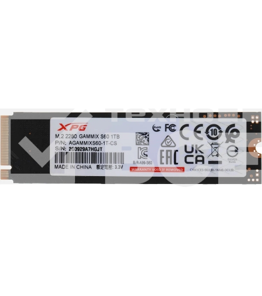 Накопитель SSD ADATA XPG GAMMIX S60, 1Tb, PCIe 4.0 x4, M.2 2280, NVMe, R/W 5000/3200, с радиатором
