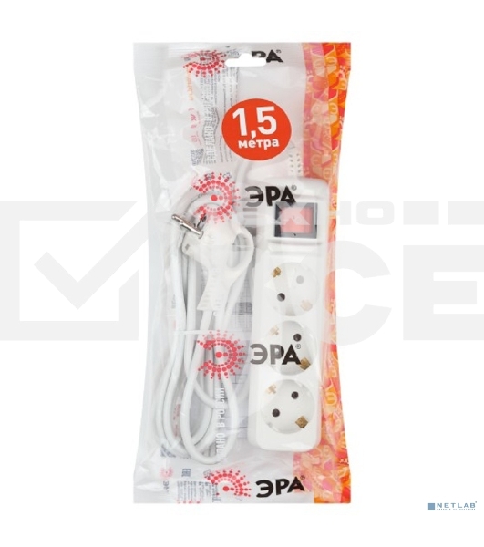 Удлинитель электрический UX-3es-1.5m с заземлением с выключателем 3 розетки 1.5м ПВС 3х0.75кв.мм 10А Эра Б0057740