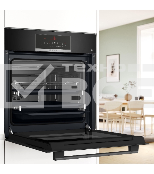 Встраиваемый духовой шкаф Bosch, Serie 8, объем 67 л, 12 режимов нагрева, 4D Hotair, телескопические направляющие, пиролиз, сенсорное управление, 40 автоматических программ, цвет черный