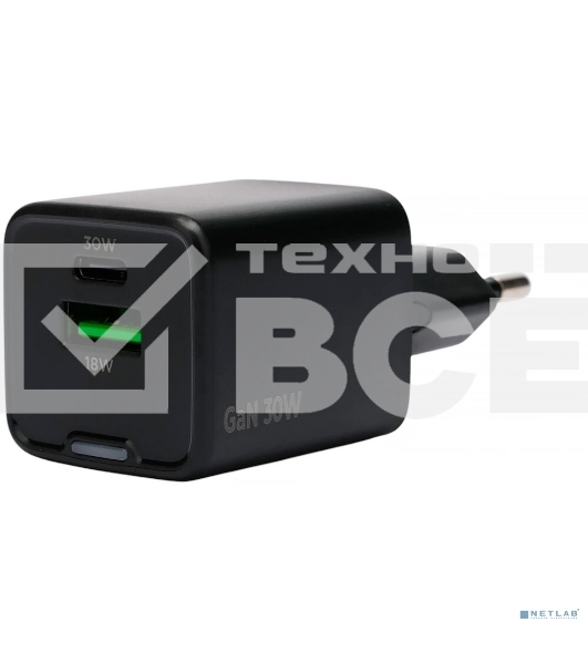 Зарядное устройство Cablexpert MP3A-PC-64, 30Вт GaN, 3А, QC4.0/PD, 1xUSB, 1xType-C, черный, пакет