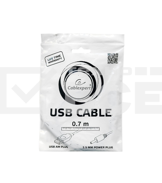 Кабель Gembird/Cablexpert CC-USB-AMP25-0.7M AM/DC 2,5мм 5V 2A (для планшетов Android), 0.7м, экран, черный, пакет
