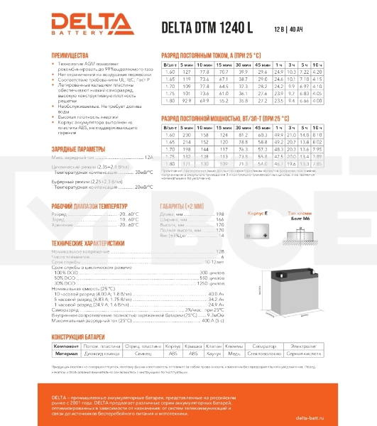 Батарея Delta DTM 1240 L (12V, 40Ah) с увеличенным сроком службы (10 лет)
