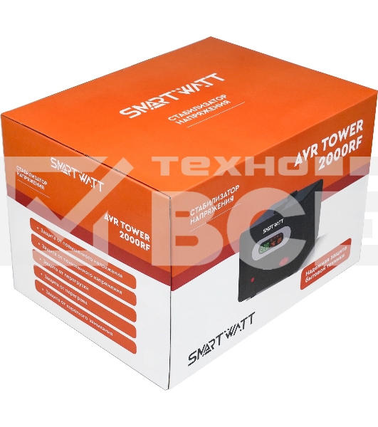 Напольный стабилизатор напряжения SMARTWATT AVR TOWER 2000RF (140W - 260W, 2000VA, 2 кВт, 50-60 Гц, розеток - 2, LED-дис