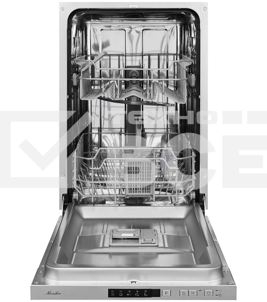 Встраиваемая посудомоечная машина MONSHER MD 4501полностью встраиваемая,  ширина 45 см, Количество корзин: 3, 9 комплектов посуды, Кнопочное управление, Отсрочка старта 1-24 часов, 5 программ: Авто. Интенсивная, ЭКО, 90 мин, Быстрая, Половинная загрузка, 