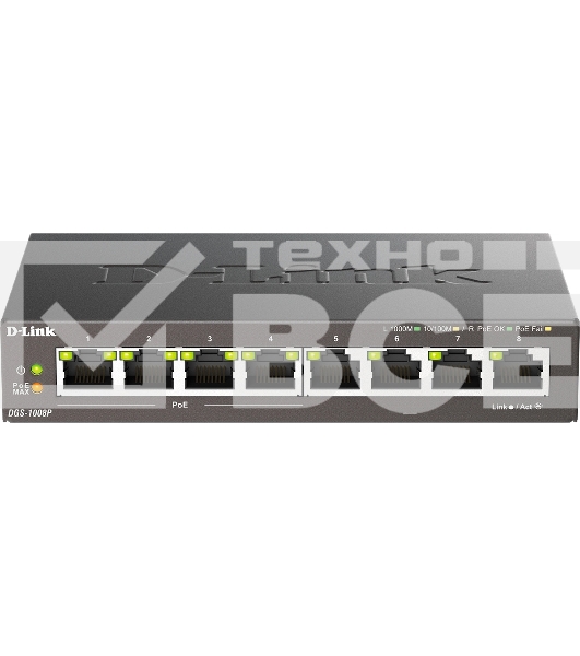 Неуправляемый коммутатор D-Link DGS-1008P/F3A с 8 портами 10/100/1000Base-T (4 порта PoE 802.3af/at, PoE-бюджет 60 Вт)