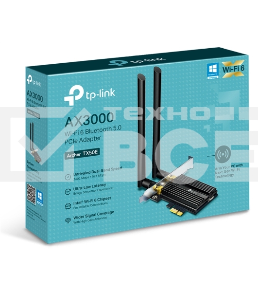 Адаптер 11AX 3000Mbps dual-band PCI-E adapter, 2402Mbps at 5G and 574Mbps at 2.4G, support Bluetooth 5.0, WPA2 encryption, two external Antennas.