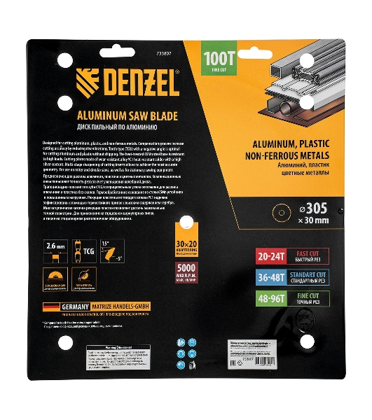Пильный диск по алюминию Denzel ф305 х 30 мм, 100 зубьев 733807
